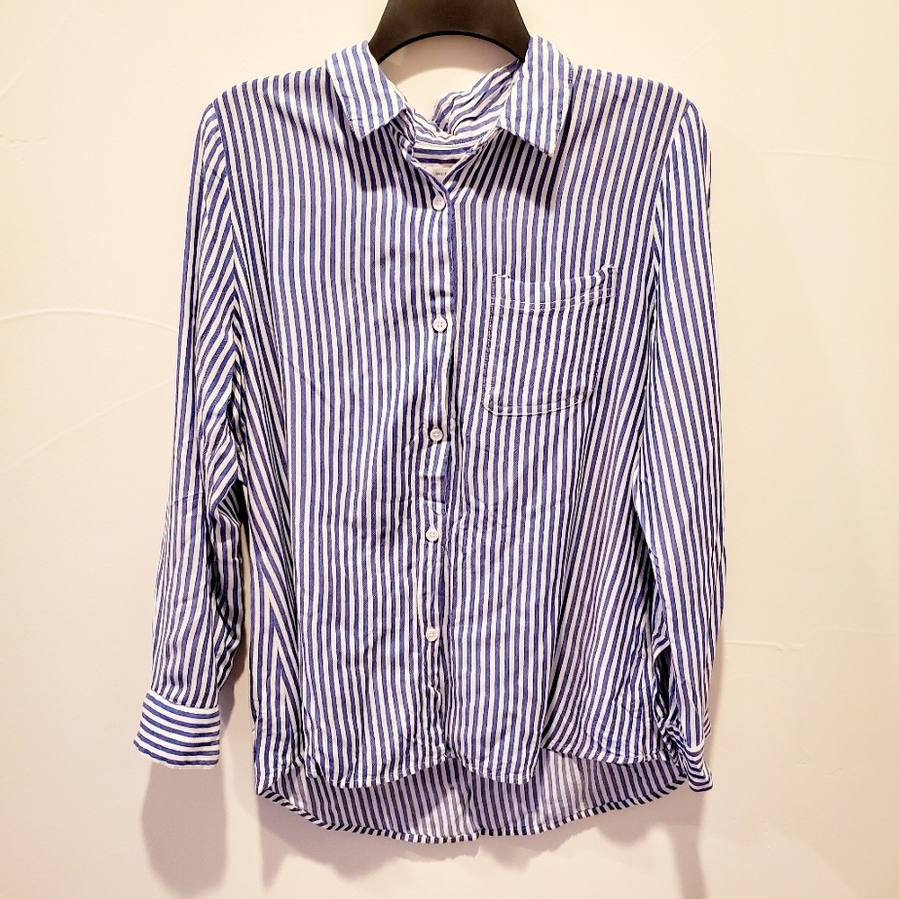 Blue and white striped button up blouse